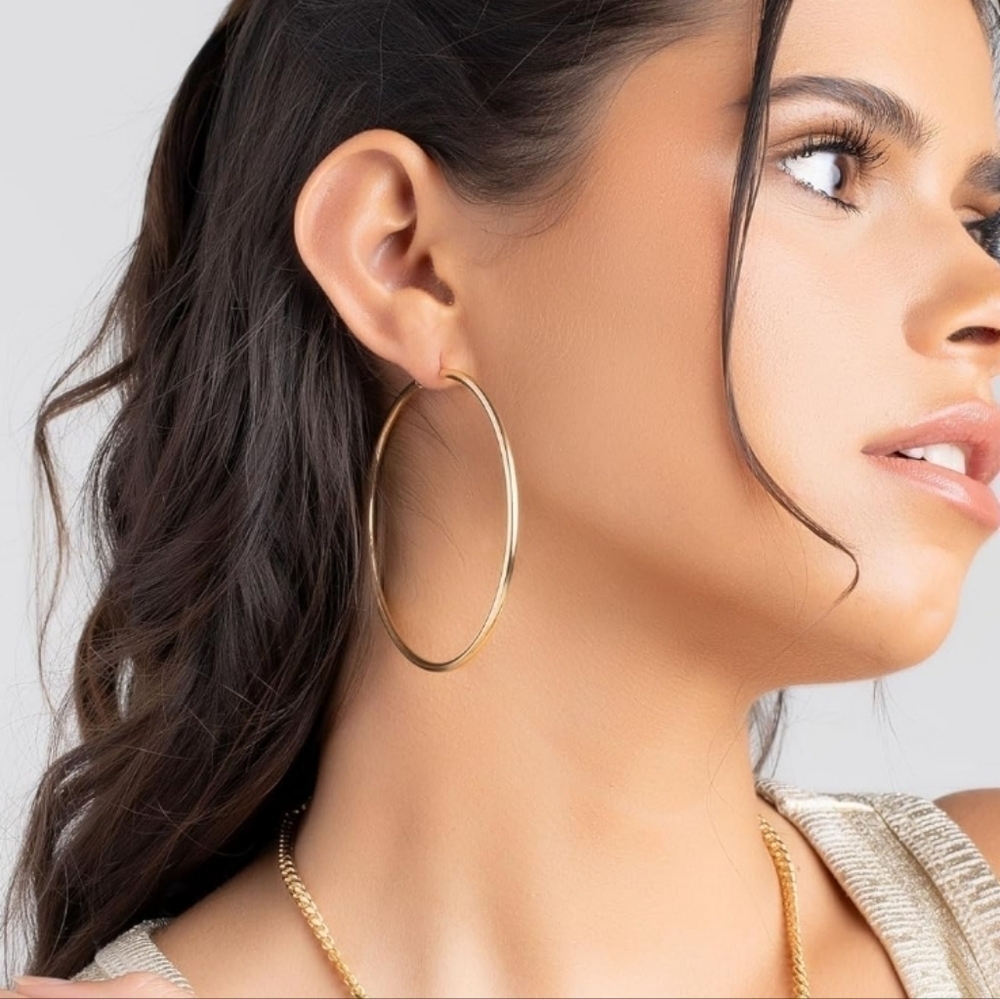 18k Yellow Gold Womens Hoop Earrings 70mm Classic Contemporary Statement Staple - Picture 2 of 3